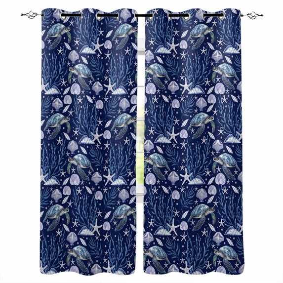 Coastal Turtle Kitchen Curtains Blue Ocean Starfish Retro Coral Shell ...