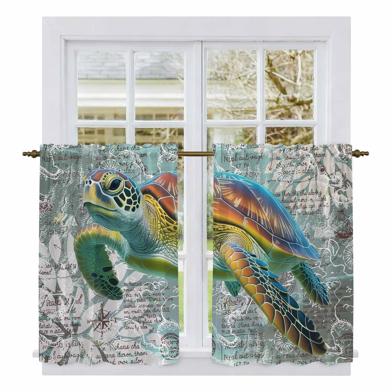 Coastal Turtle Kitchen Curtains, Farmhouse Ocean Nautical Marine Life ...
