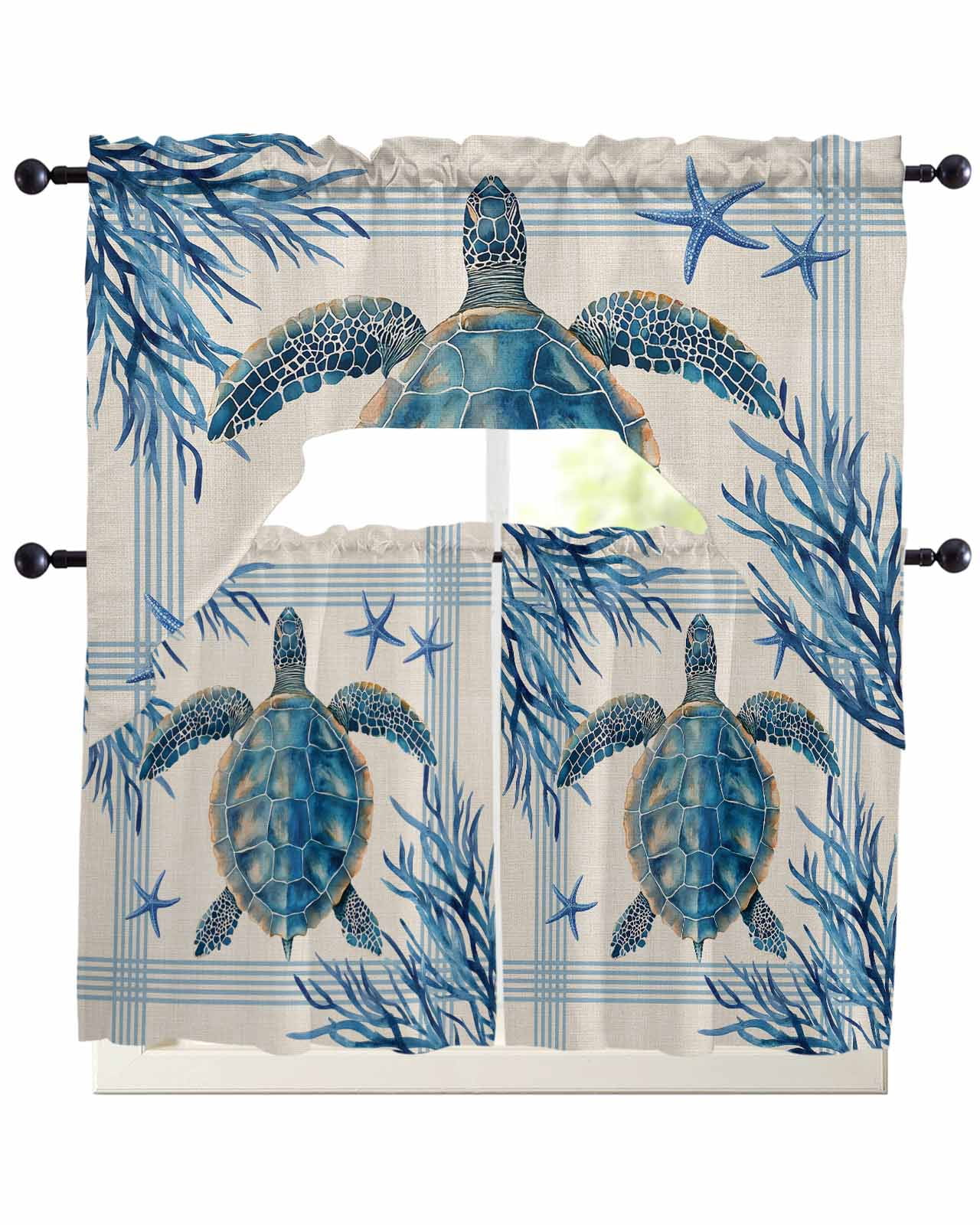 Coastal Turtle Kitchen Curtains Sets 24 Inch Length with Valance, Blue ...