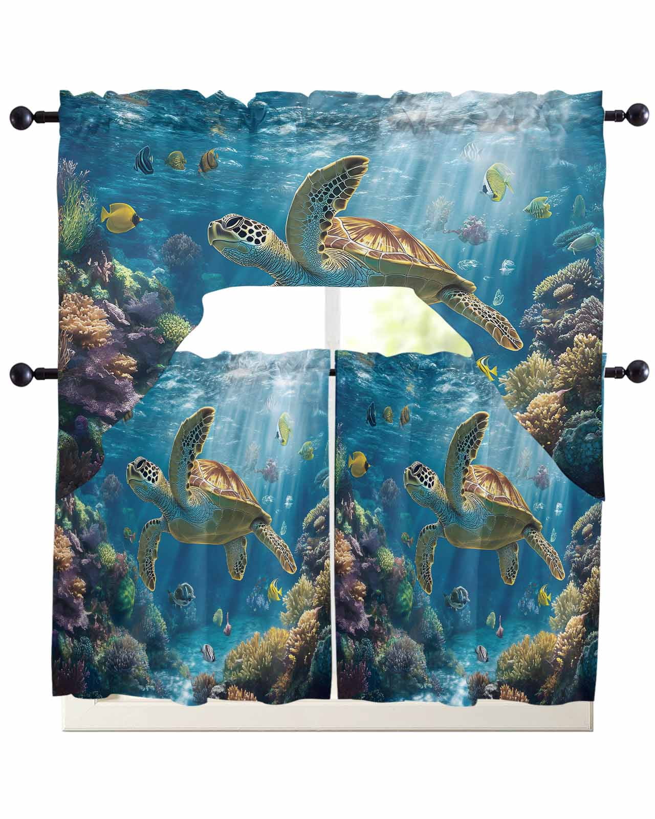 Coastal Turtle Kitchen Curtains Swag Valance and Tier Curtains Set 36 ...