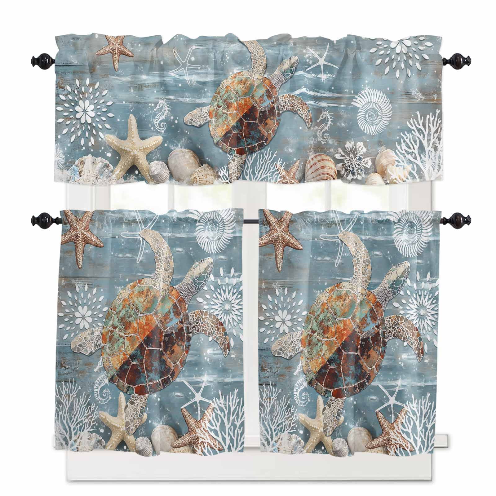 Coastal Turtle Kitchen Curtains and Valances Set, 3 Piece Kitchen ...