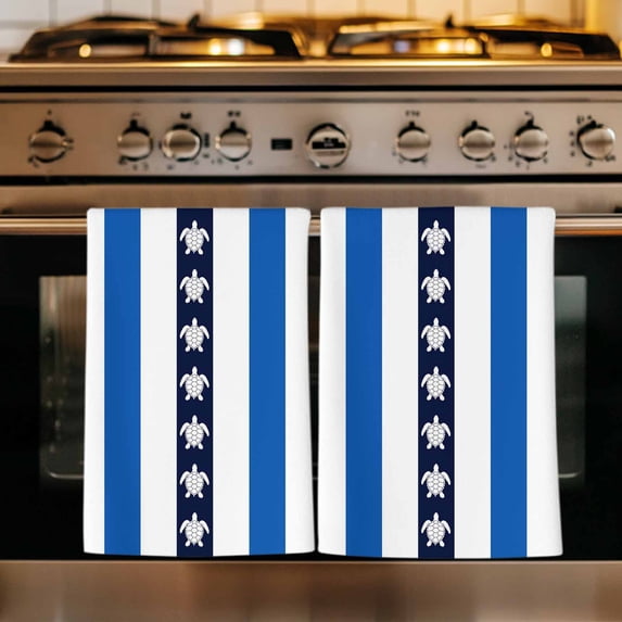 Coastal Turtle Kitchen Towels Set of 1, Blue Stripe Navy White Geometric Ocean Absorbent Dish Towels for Kitchen, Microfiber Hand Towel, Quick Drying Tea Towel for Cleaning Decorative Dishcloths