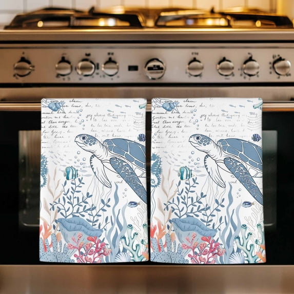 Coastal Turtle Kitchen Towels Set of 1, Summer Beach Nautical Ocean Coral Seahorse Absorbent Dish Towels for Kitchen, Microfiber Hand Towel, Quick Drying Tea Towel for Cleaning Decorative Dishcloths