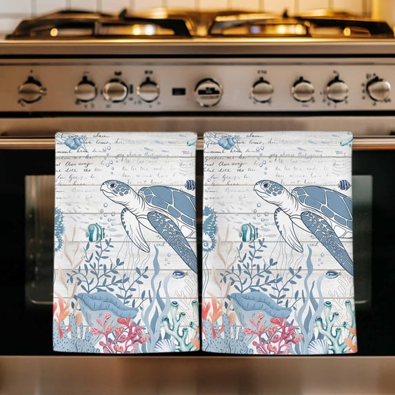 Coastal Turtle Kitchen Towels Set of 3, Beach Nautical Ocean Coral Seahorse Vintage Absorbent Dish Towels for Kitchen, Microfiber Hand Towel, Quick Drying Tea Towel for Cleaning Decorative Dishcloths
