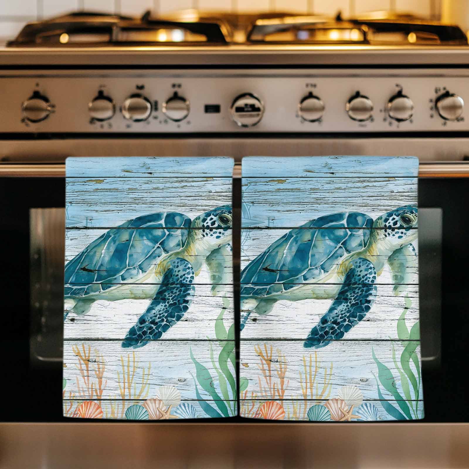 Turtle Kitchen Accessory Coastal Turtle Kitchen Towels Set of 3, Nautical Ocean Shells Seaweeds ...