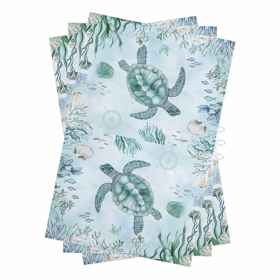 Coastal Turtle Kitchen Towels Set of 3, Water Absorbent Dish Towel, Beach Nautical Seashells Seaweed Coral Decorative Hand Towels - Quick Drying Cloth for Cooking Baking, 18x28 Inch