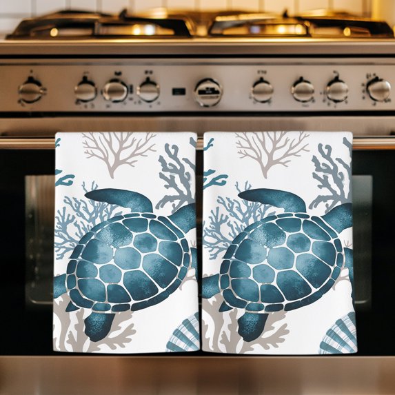 Coastal Turtle Kitchen Towels Set of 4, Blue Ocean Coral Conch Beach Nautical Absorbent Dish Towels for Kitchen, Microfiber Hand Towel, Quick Drying Tea Towel for Cleaning Decorative Dishcloths