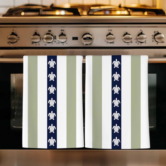 Coastal Turtle Kitchen Towels Set of 4, Sage Green Stripe Navy White Ocean Absorbent Dish Towels for Kitchen, Microfiber Hand Towel, Quick Drying Tea Towel for Cleaning Decorative Dishcloths