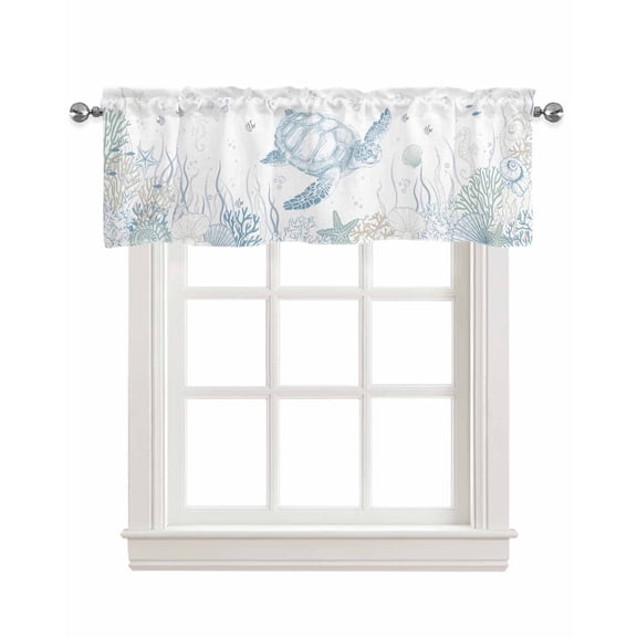 Coastal Turtle Linen Curtain Valance for Bedroom/Bathroom/Kitchen/Living/Dining Room Window,Turquoise Brown Seahorse Starfish Conch Tropical Fish Pocket Topper Drapes Decorative Cafe Drapery 42"x18"
