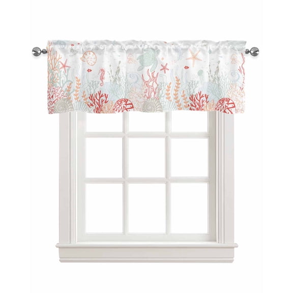 Coastal Turtle Linen Curtain Valance for Bedroom/Bathroom/Kitchen/Office/Living/Dining Room Window,Multicolor Coral Seaweed Starfish Jellyfish Rod Pocket Topper Decorative Cafe Drapes Panel 42"x12"