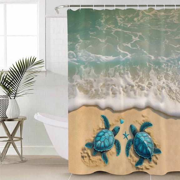 Coastal Turtle Long Shower Curtain Set, Waterproof Shower Curtains for Bathroom, Summer Beach Nautical Ocean Waves Washable Fabric Cloth Bath Curtain for Bathtub Decoration with Hooks 72x84 Inches