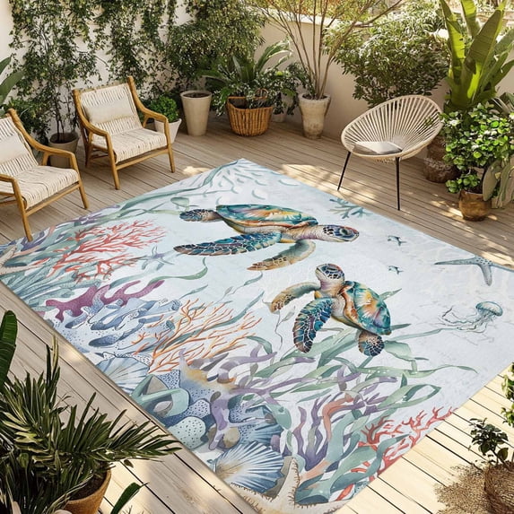 Coastal Turtle Outdoor Rug 3x5 Ft - Reversible Patio Rug Outdoor Camping Rugs, Ocean Starfish Coral Nautical Octopus Washable Indoor Outdoor Area Rugs, Non-Slip Outdoor Carpet Runner for Deck/Porch