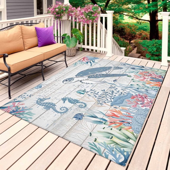 Coastal Turtle Outdoor Rug 4x6 Ft, Non Slip Washable Area Rug, Beach Nautical Ocean Coral Seahorse Vintage Patio Rugs Carpet Runner, Large Floor Mat for Indoor/Outdoor Deck Porch Camping