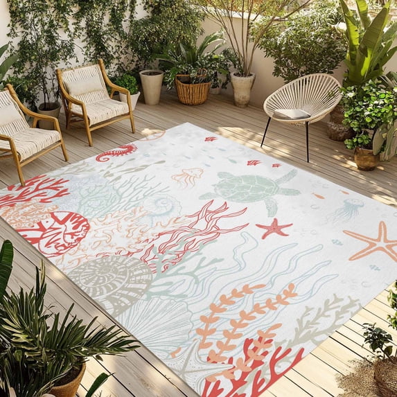 Coastal Turtle Outdoor Rug 5x7 Ft - Reversible Patio Rug Outdoor Camping Rugs, Orange Red Coral Green Jellyfish Starfish Indoor Outdoor Area Rugs, Non-Slip Outdoor Carpet Runner for Deck/Porch