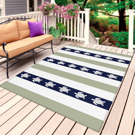 Coastal Turtle Outdoor Rug for Patio/Deck/Porch, Non-Slip Large Area Rug 3 x 5 Ft, Sage Green Stripe Navy White Ocean Indoor Outdoor Rugs Washable Area Rugs, Reversible Camping Rug Carpet Runner