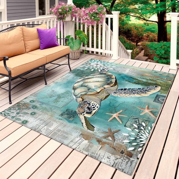 Coastal Turtle Outdoor Rug for Patio/Deck/Porch, Non-Slip Large Area Rug 3 x 5 Ft, Vintage Teal Starfish Coral Nautical Indoor Outdoor Rugs Washable Area Rugs, Reversible Camping Rug Carpet Runner