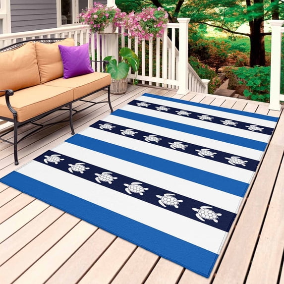 Coastal Turtle Outdoor Rug for Patio/Deck/Porch, Non-Slip Large Area Rug 5 x 7 Ft, Blue Stripe Navy White Geometric Ocean Indoor Outdoor Rugs Washable Area Rugs, Reversible Camping Rug Carpet Runner