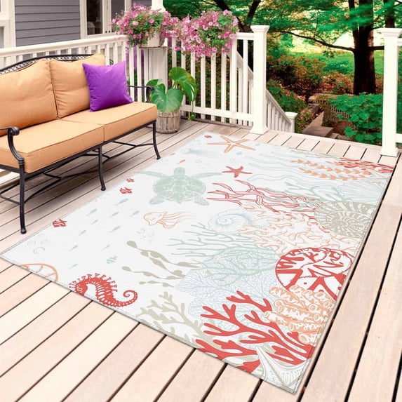 Coastal Turtle Outdoor Rug for Patio/Deck/Porch, Non-Slip Large Area Rug 5 x 7 Ft, Orange Red Coral Green Jellyfish Starfish Indoor Outdoor Rugs Washable Area Rugs, Camping Rug Carpet Runner