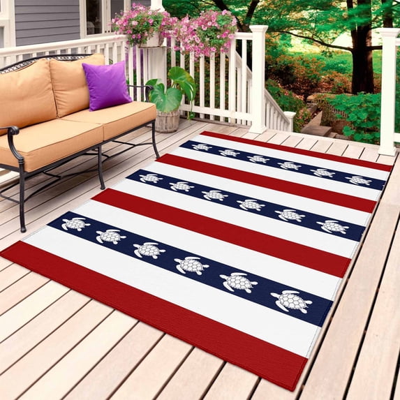 Coastal Turtle Outdoor Rug for Patio/Deck/Porch, Non-Slip Large Area Rug 6 x 9 Ft, Red Stripe Black White Geometric Ocean Indoor Outdoor Rugs Washable Area Rugs, Reversible Camping Rug Carpet Runner