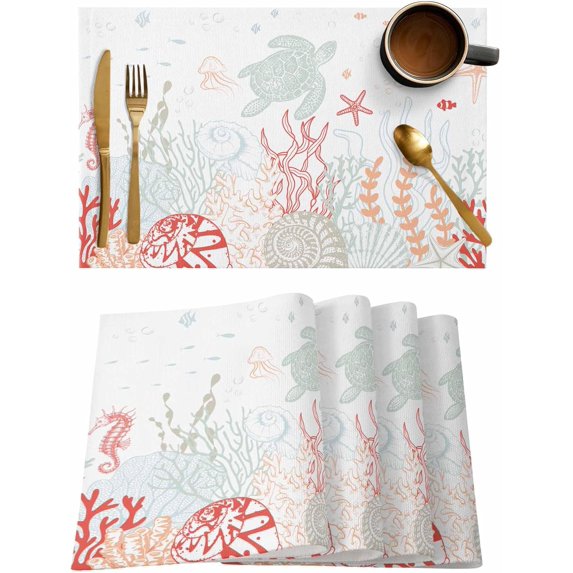 Coastal Turtle Placemats Set of 6,Washable Woven Burlap Cloth Fabric Placemat for Square/Rectangle/Round/Oval Dining Table,Easy Clean Place Mats for Kids Multicolor Coral Seaweed Starfish Jellyfish