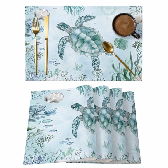 Coastal Turtle Placemats Set of 8 Beach Nautical Seashells Seaweed Coral Place Mats Indoor Wipeable Table Mats Washable Cloth Dining Table Placemats for Kitchen Holiday Party Home Decor 13x19 Inch