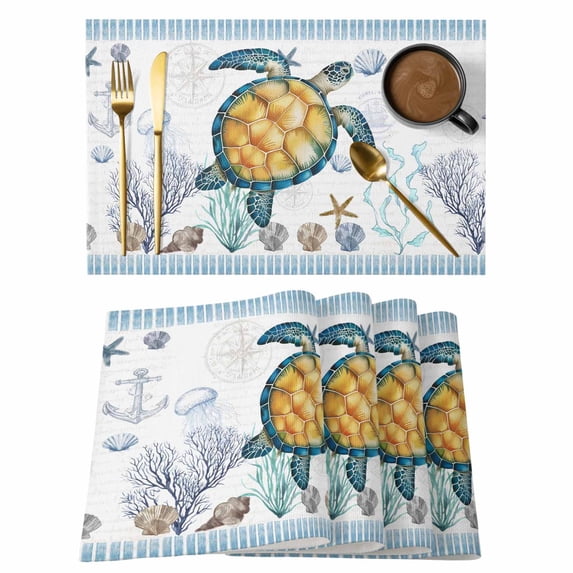 Coastal Turtle Placemats Set of 8, Ocean Nautical Starfish Conch Seashells Placemats for Dining Table, Place Mats for Kitchen Tabletop, Waterproof Wipeable Dining Table Mats Set