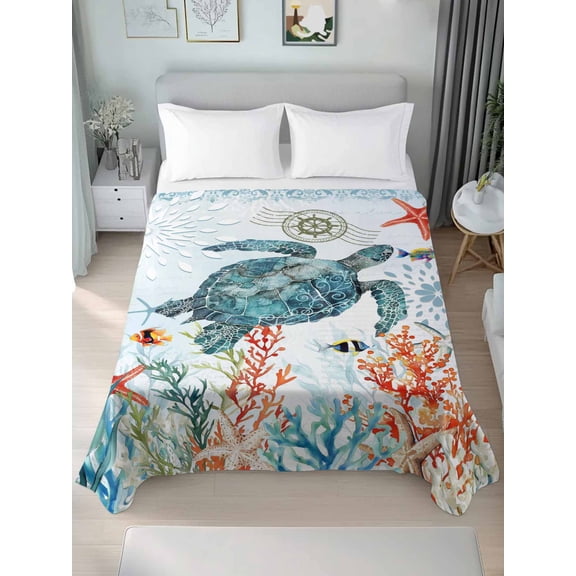 Coastal Turtle Queen Size Flat Sheet, Wrinkleproof & Fadeproof Cooling Flat Bed Sheet Only, Summer Beach Nautical Coral Starfish Breathable Soft Bedding Top Sheets 90 x 102 Inches