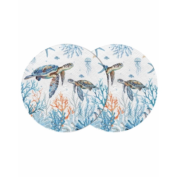 Coastal Turtle Round 13 Inch Placemats Set of 2, Blue Ocean Coral Starfish Seagrass HeatResistant Non Slip Place Mats for Dining Table, Wipeable Braided Kitchen Table Mats for Housewarming