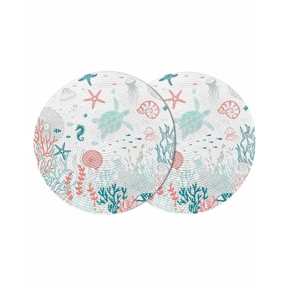 Coastal Turtle Round 15 Inch Placemats Set of 2, Teal Green Ocean Coral Starfish Jellyfish HeatResistant Non Slip Place Mats for Dining Table, Wipeable Braided Kitchen Table Mats for Housewarming