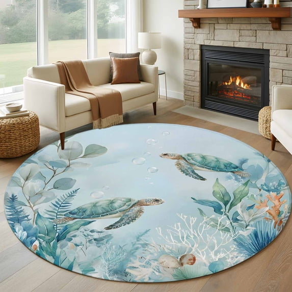 Coastal Turtle Round Area Rug 5Ft Washable Circle Rugs for Living Room Bedroom, Nautical Eucalyptus Leaves Coral Seaweed Non-Slip Carpet Floor Mats Indoor Outdoor Carpet Runner Aesthetic Home Decor