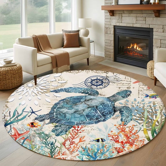 Round Turtle Rug Coastal Turtle Round Living Room Rugs 7 ft, Ocean Coral Seaweed ...