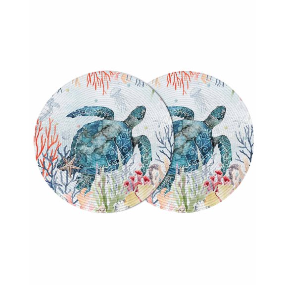Coastal Turtle Round Placemats Set of 2 for Dinning Tables,Heat-proof Braided Table Mats 13 Inch,Nautical Ocean Coral Jellyfish Seashells Washable Place Mat for Kitchen Restaurant Party Table Decor