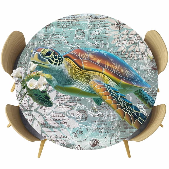 Coastal Turtle Round Tablecloth 36-44 Inch Round Fitted Table Cloth with Elastic Edge, Farmhouse Ocean Nautical Marine Life Waterproof Table Cover Protector for Outdoor Picnic Party Dining