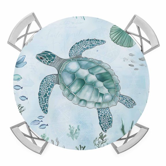 Coastal Turtle Round Tablecloth for 36-44 Inch Tables,Fitted Table Cover with Elastic Edge,Beach Nautical Seashells Seaweed Coral Waterproof Outdoor Table Cloth Protector for Patio Garden Dinner