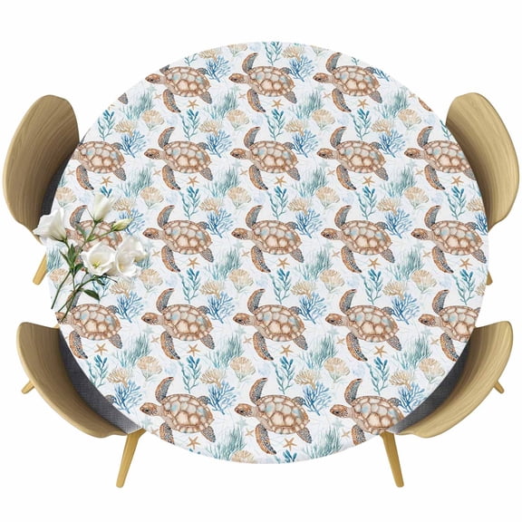 Coastal Turtle Round Tablecloth 55-60 Inch Round Fitted Table Cloth with Elastic Edge, Summer Beach Nautical Coral Ocean Waterproof Table Cover Protector for Outdoor Picnic Party Dining