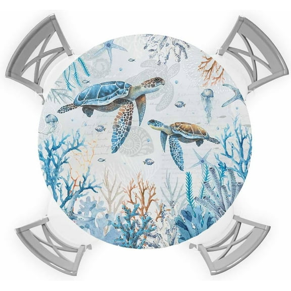 Coastal Turtle Round Tablecloth Fitted Table Cover, Elastic Tablecloths Waterproof Outdoor Indoor Stretch Cloth Tablecover for Dinner, Party, Shower, Nautical Blue Coral Vintage Coastal Summer 45-52IN
