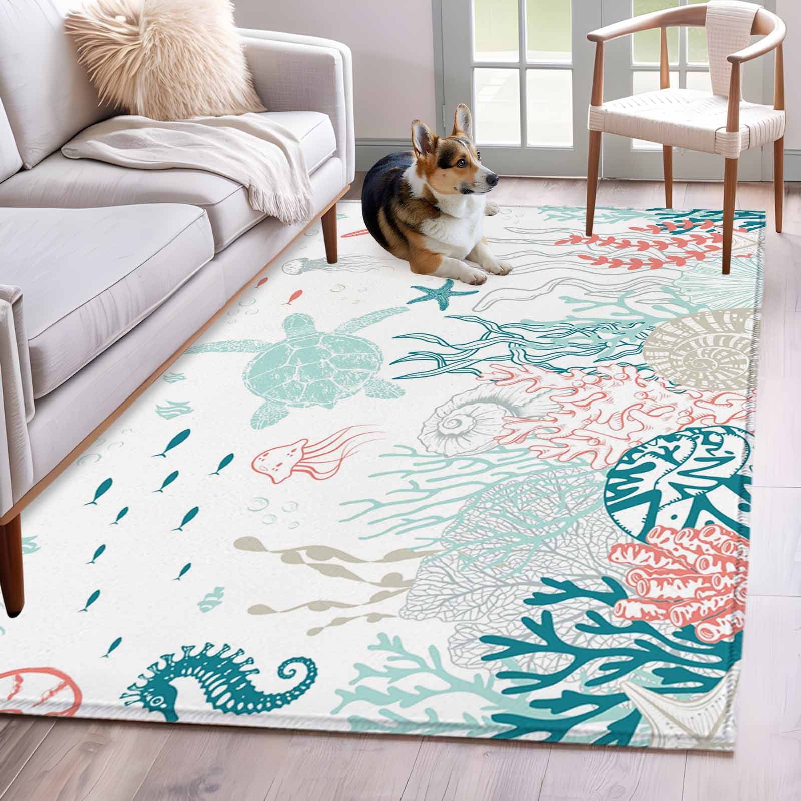 Throw Rug Turtle Coastal Turtle Runner Rug 2.7x5 FT, Non Slip Entryway Carpet, Teal ...