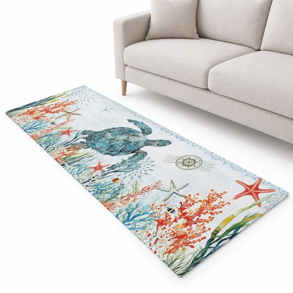Coastal Turtle Runner Rug 2'x6', Ocean Coral Seaweed Soft Mat Non-Slip ...