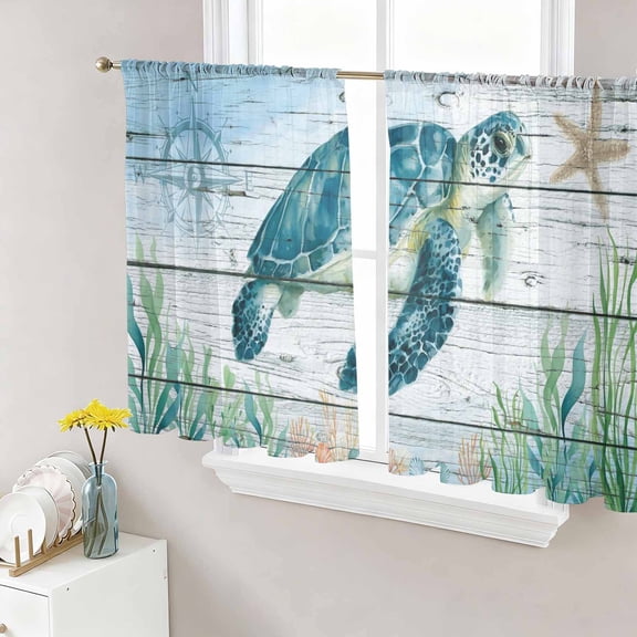 Coastal Turtle Semi Sheer Window Curtains 54 Inches Long, Nautical Ocean Shells Seaweeds Starfish Rod Pocket Voile Silky Chiffon Curtain Light Filtering Drapes for Living Room, 52"x54", 2 Panels