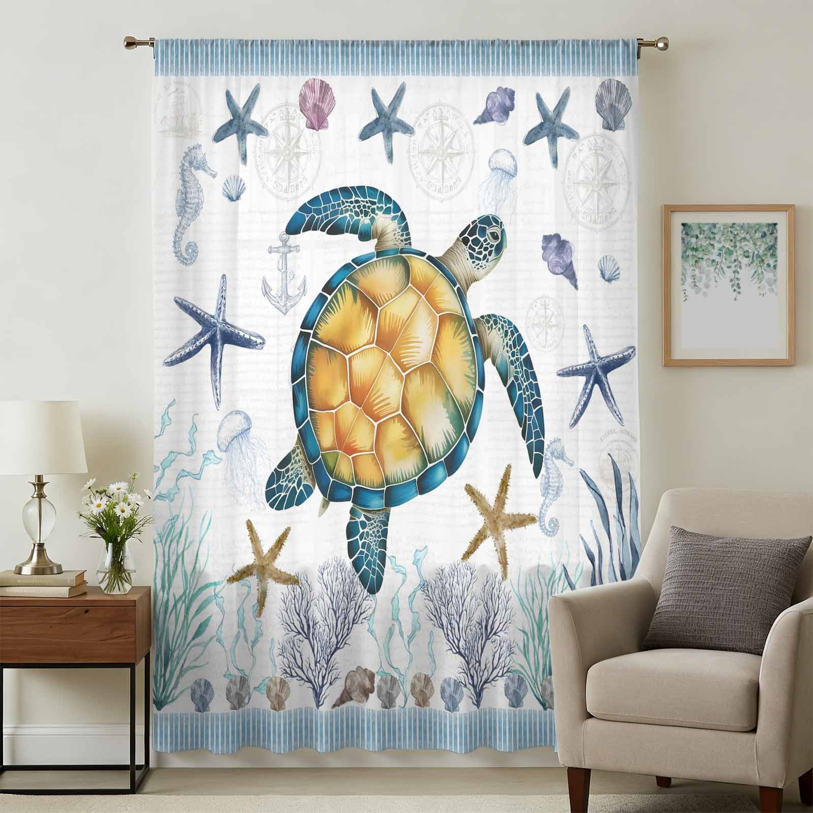 Coastal Turtle Sheer Curtains 63 Inch Length for Bedroom, Ocean ...