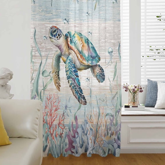 Coastal Turtle Sheer Curtains 63 Inches Long for Living Room/Bedroom, Nautical Beach Sea Ocean Coral Vintage Rod Pocket Voile Kitchen Curtains & Drapes Window Treatment 1 Panel, 52"W x 63"L