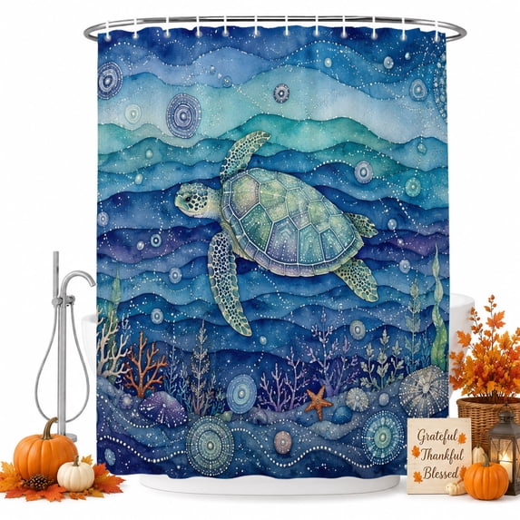 Coastal Turtle Shower Curtain, Waterproof Shower Curtains for Bathroom, Blue Ocean Waves Coral Conch Marine Life Washable Fabric Bathtub Curtain Set Bath Decor with 12 Hooks 48"x72"