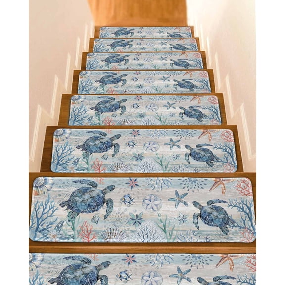 Coastal Turtle Stair Treads for Wooden Steps Indoor Runner Rug Carpet, Rustic Nautical Starfish Conch Coral Wood 7 Pieces Peel and Stick Staircase Step Treads Covers Washable Throw Door Mats, 30"x8"