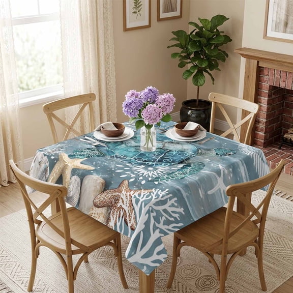 Coastal Turtle Starfish Coral Square Tablecloth 54x54 Inch Retro Ocean Marine Life Waterproof Polyester Tablecloth for Dining Table, Washable Table Cover for Kitchen Dining Room Wedding