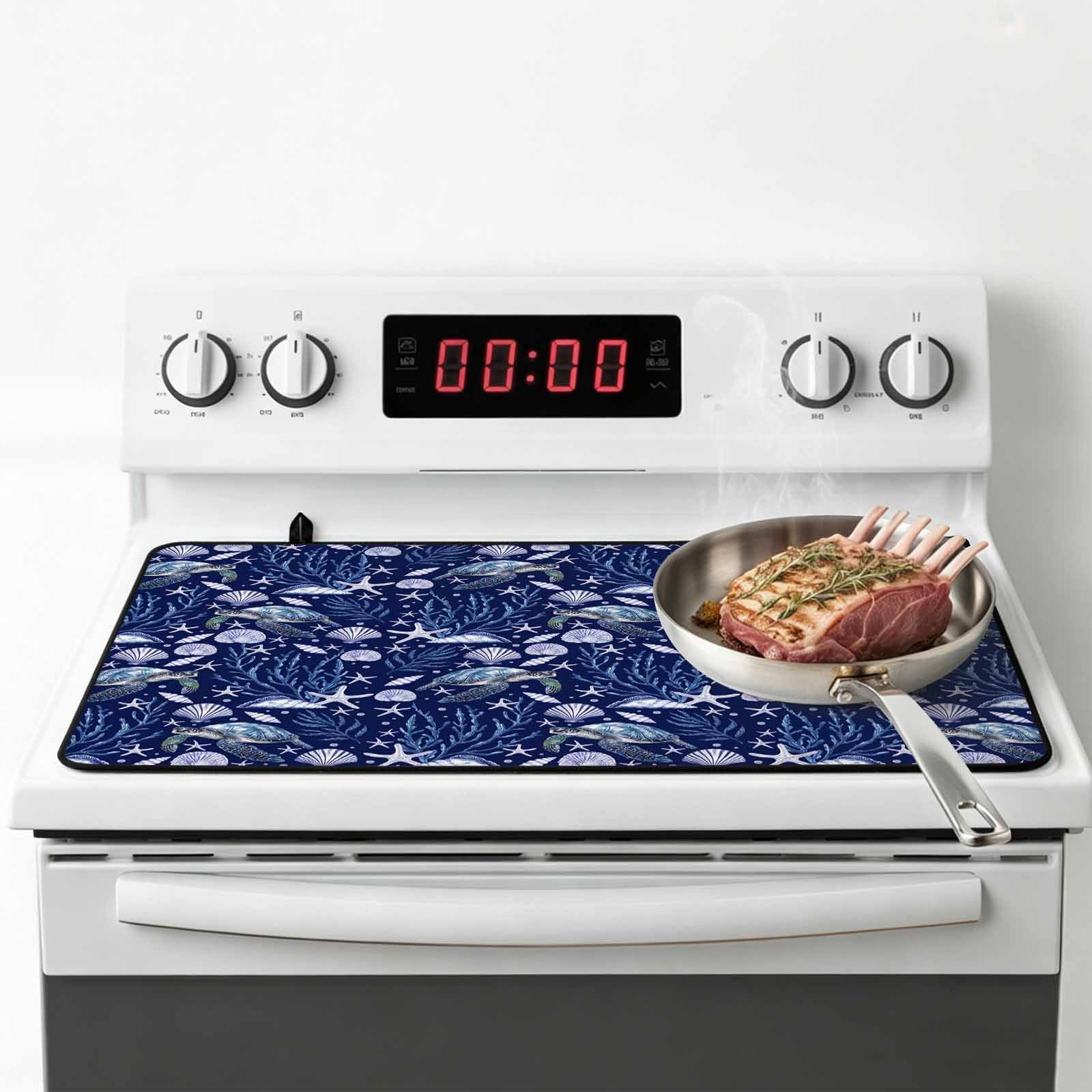 Coastal Turtle Stove Top Cover for Electric Stove, Heat-proof & Non Slip Glass Top Stove Cover Protector, Blue Ocean Starfish Retro Coral Shell Kitchen Flat Cooktop Rubber Mat 24x21 Inches