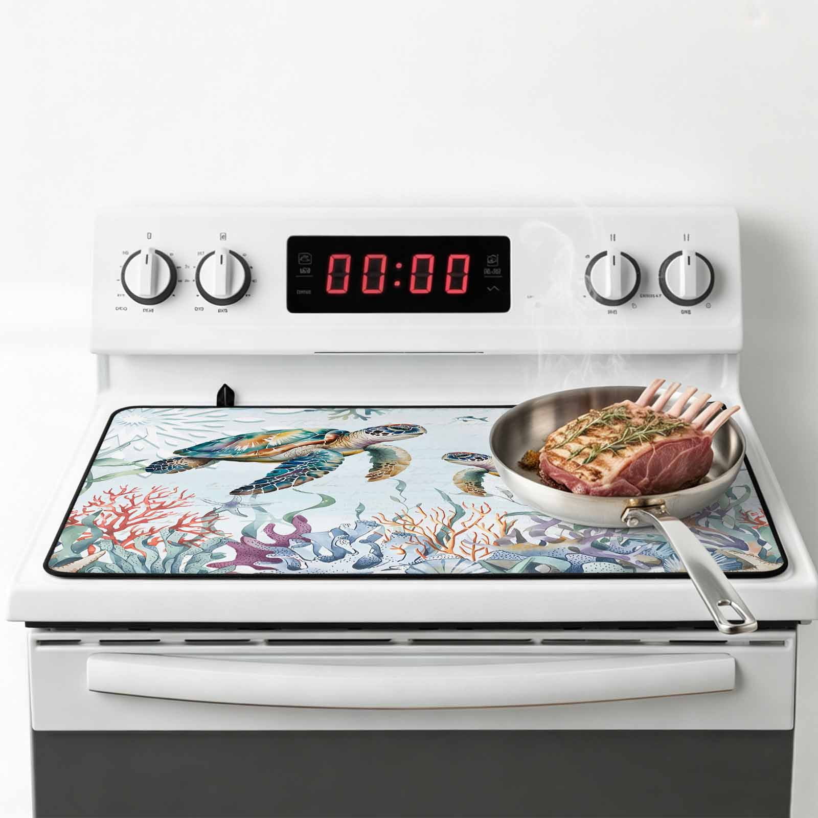 Coastal Turtle Stove Top Cover for Electric Stove, Heat-proof & Non Slip Glass Top Stove Cover Protector, Ocean Starfish Coral Nautical Octopus Kitchen Flat Cooktop Rubber Mat 36x21 Inches