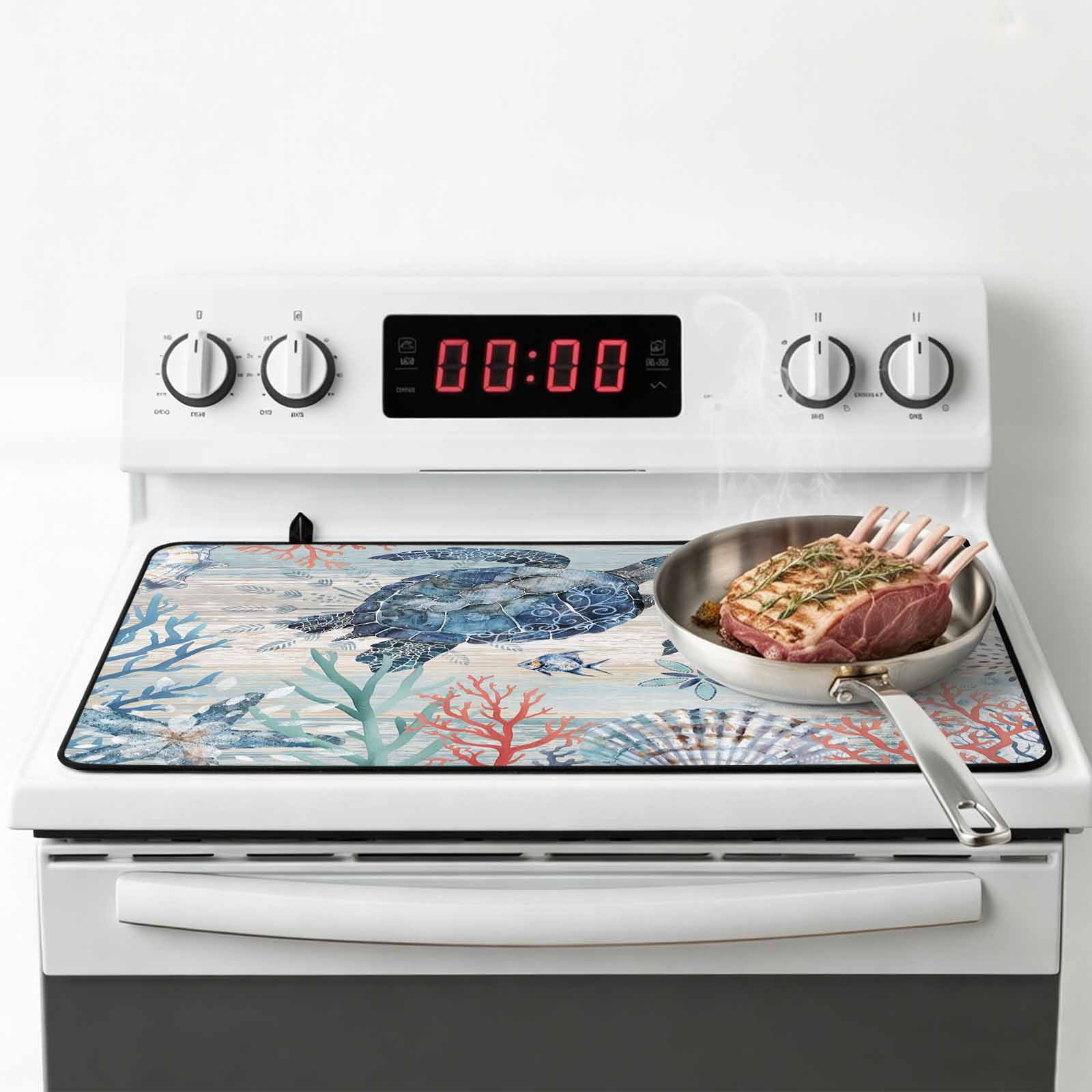 Coastal Turtle Stove Top Cover for Electric Stove, Heat-proof & Non Slip Glass Top Stove Cover Protector, Rustic Nautical Starfish Conch Coral Wood Kitchen Flat Cooktop Rubber Mat 24x21 Inches