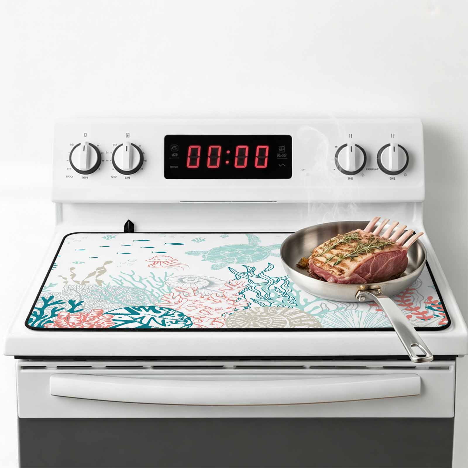 Coastal Turtle Stove Top Cover for Electric Stove, Heat-proof & Non Slip Glass Top Stove Cover Protector, Teal Green Ocean Coral Starfish Jellyfish Kitchen Flat Cooktop Rubber Mat 28.5x20.5 Inches