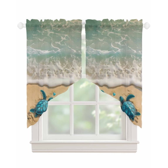 Coastal Turtle Swag Valances for Windows, Summer Beach Nautical Ocean Waves Rod Pocket Sheer Valances for Large Windows, Swag Toppers Light Filtering for Kitchen Living Room 2 Panels 36''x45''