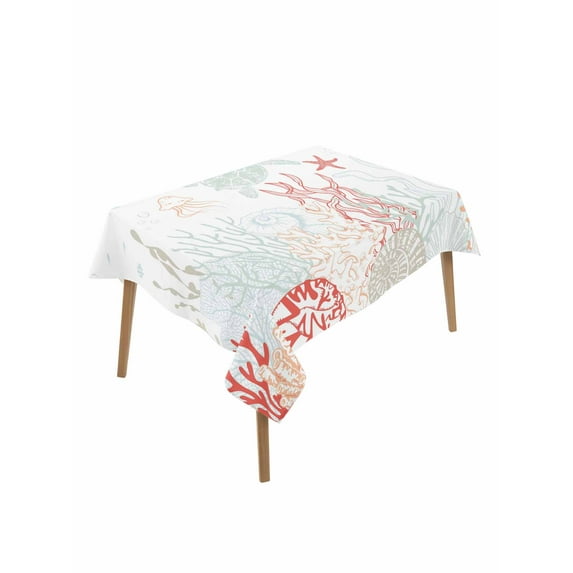 Coastal Turtle Table Cloth, Orange Red Coral Green Jellyfish Starfish Waterproof Tablecloth for Rectangle Tables, Reusable Washable Fabric Table Cover for Restaurant Kitchen Dining Tables 60"x84"